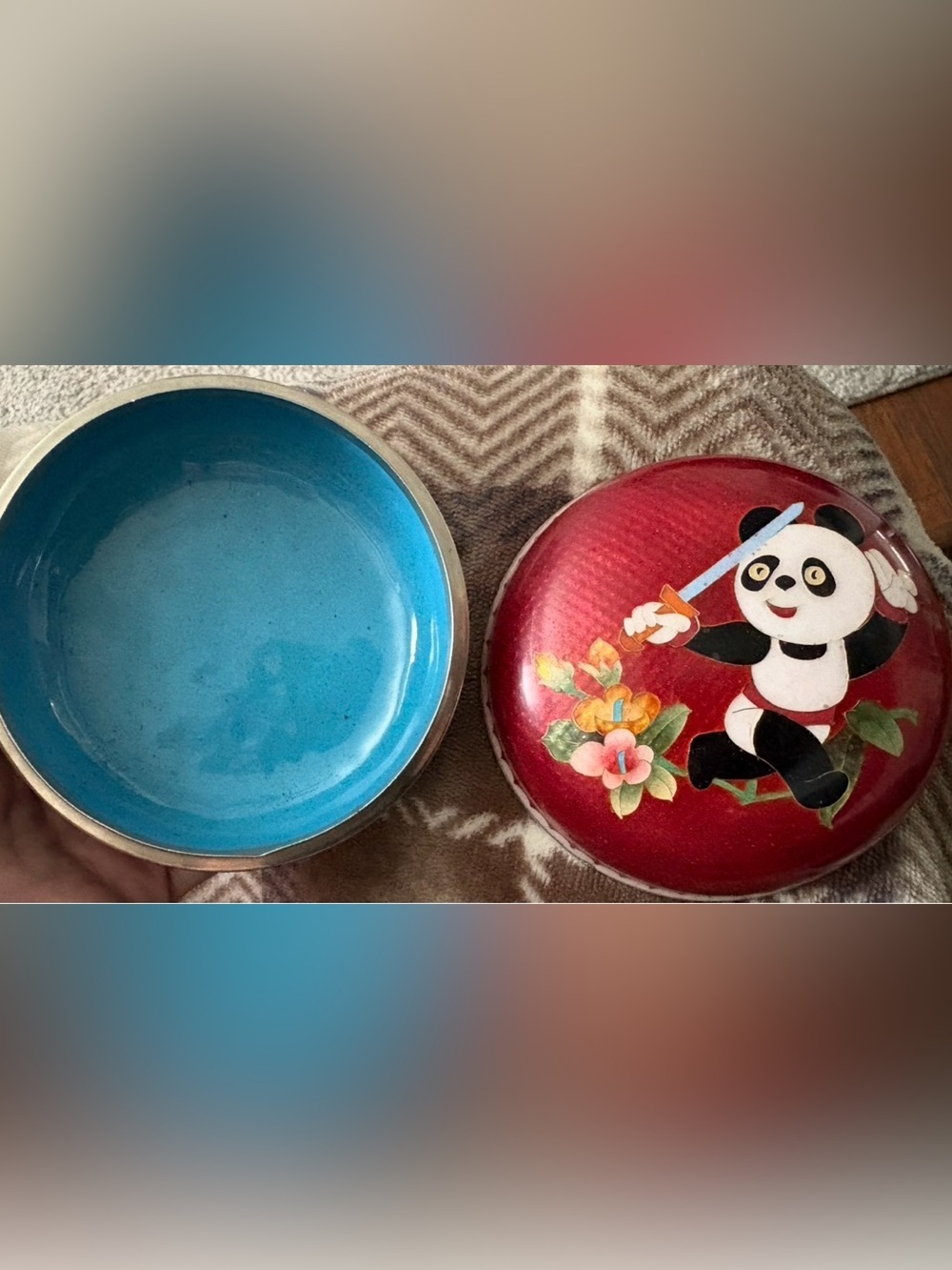 Decorative Heavy Vintage Panda Enamel Trinket Box - Red and Blue